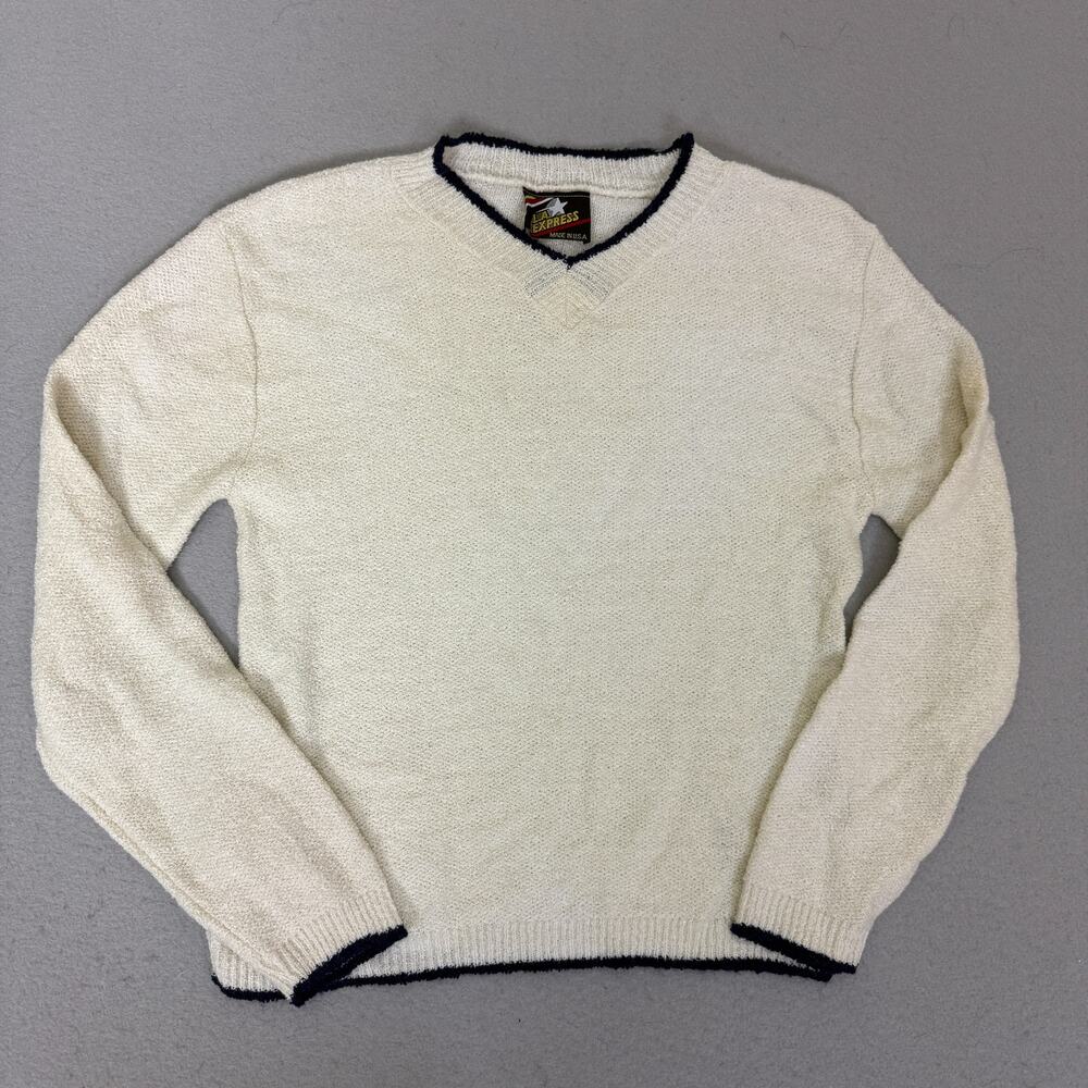 Vintage LA Express Acrylic Sweater White V-Neck Blue Trim USA Large